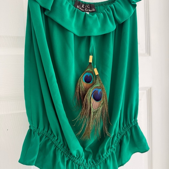 KARINA GRIMALDI 100% Silk Peacock Feather Tube Top Green Ruffle Boho Resort L - Picture 5 of 10